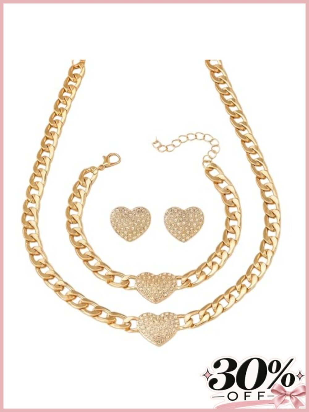 Gold Tone Cuban Link Heart Jewelry Set - Crystal Paved Necklace, Bracelet &